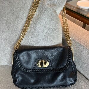 Elegant Black Leather Shoulder Bag with Gold Chain